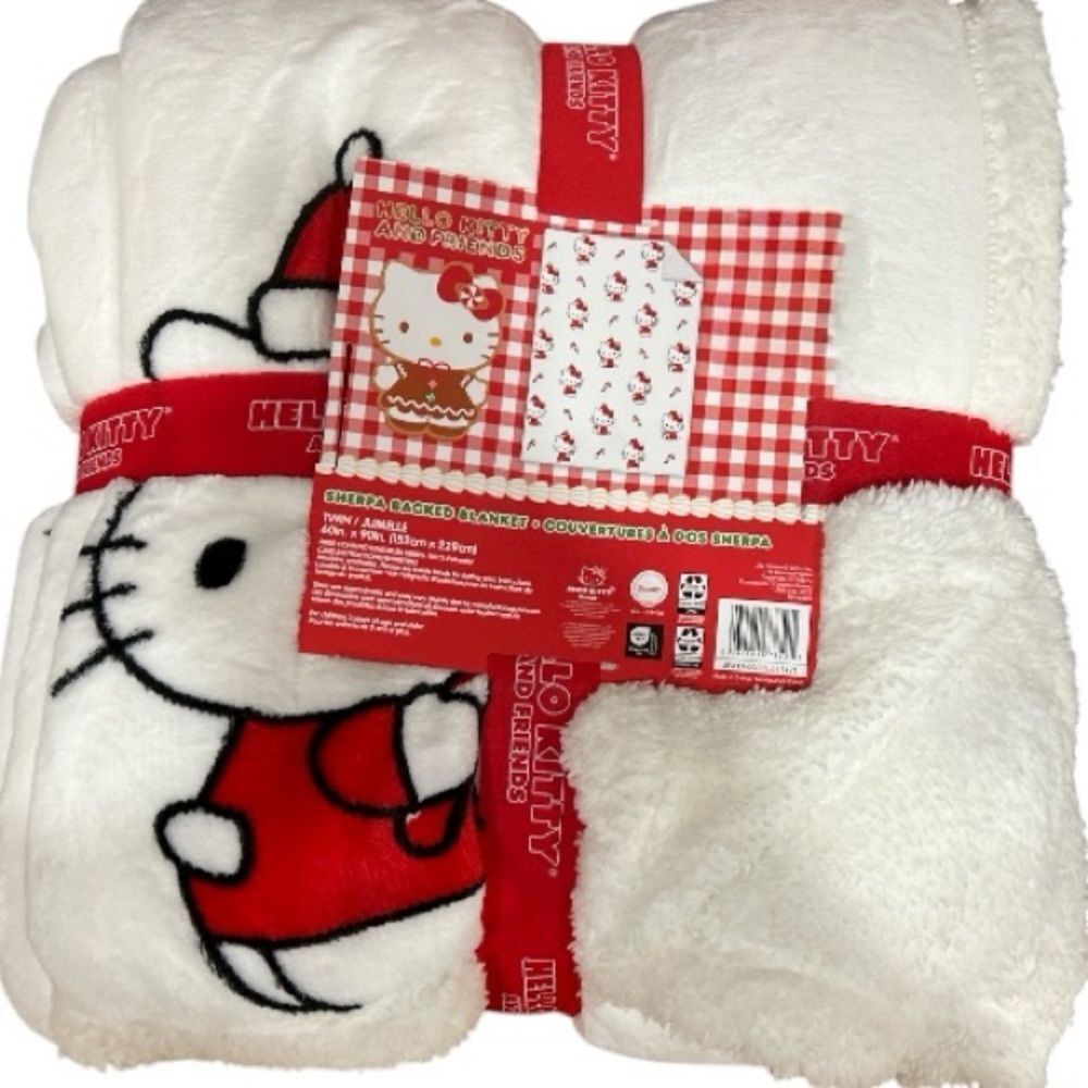 NWT Hello Kitty Christmas Candy Cane Red and White Twin Blanket 60”x 90”